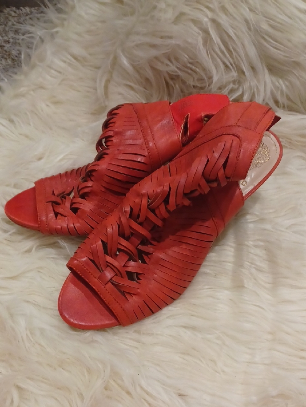 Vince Camuto Red Woven Fringe Peep-Toe Heels